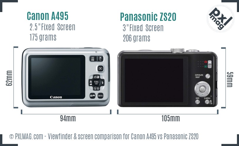 Canon A495 vs Panasonic ZS20 Screen and Viewfinder comparison