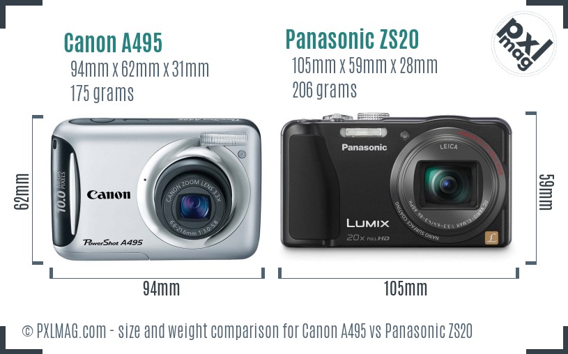 Canon A495 vs Panasonic ZS20 size comparison