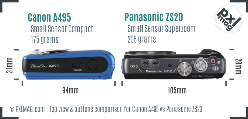 Canon A495 vs Panasonic ZS20 top view buttons comparison