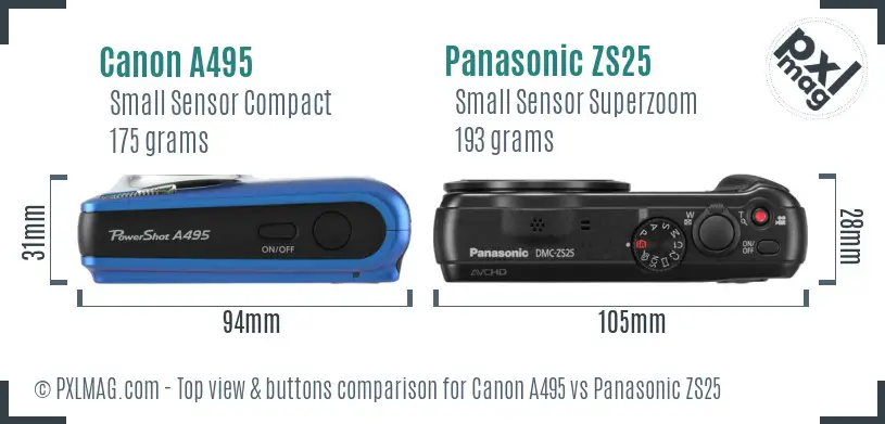 Canon A495 vs Panasonic ZS25 top view buttons comparison Canon A495 vs Panasonic ZS25 top view buttons comparison