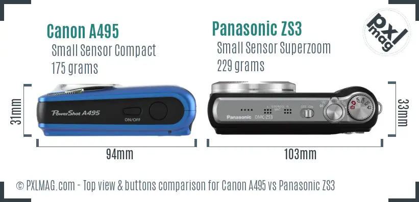 Canon A495 vs Panasonic ZS3 top view buttons comparison Canon A495 vs Panasonic ZS3 top view buttons comparison