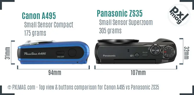 Canon A495 vs Panasonic ZS35 top view buttons comparison