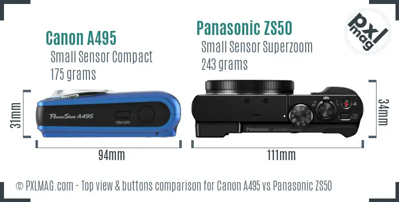Canon A495 vs Panasonic ZS50 top view buttons comparison Canon A495 vs Panasonic ZS50 top view buttons comparison
