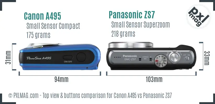 Canon A495 vs Panasonic ZS7 top view buttons comparison