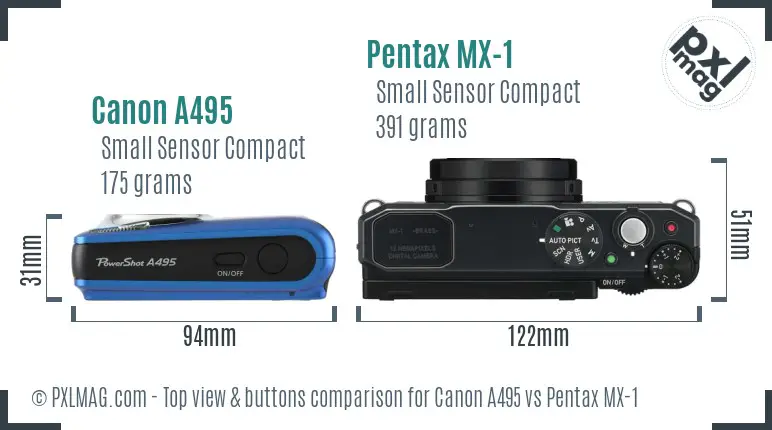 Canon A495 vs Pentax MX-1 top view buttons comparison