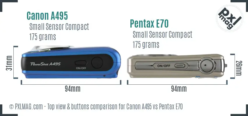 Canon A495 vs Pentax E70 top view buttons comparison Canon A495 vs Pentax E70 top view buttons comparison