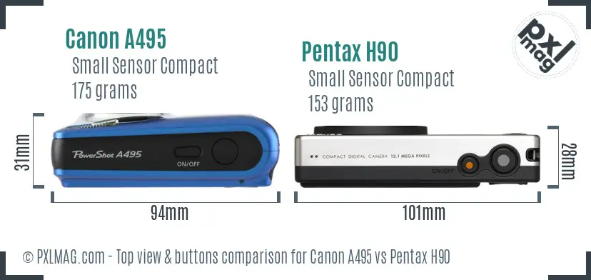 Canon A495 vs Pentax H90 top view buttons comparison