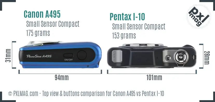 Canon A495 vs Pentax I-10 top view buttons comparison Canon A495 vs Pentax I-10 top view buttons comparison