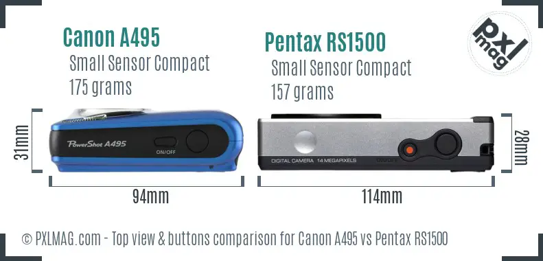 Canon A495 vs Pentax RS1500 top view buttons comparison Canon A495 vs Pentax RS1500 top view buttons comparison