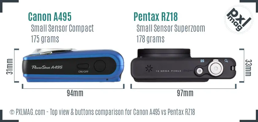 Canon A495 vs Pentax RZ18 top view buttons comparison