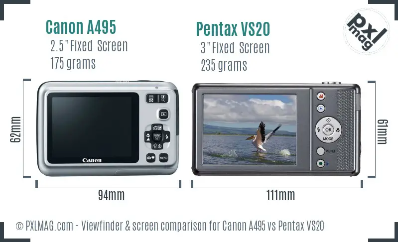 Canon A495 vs Pentax VS20 Screen and Viewfinder comparison