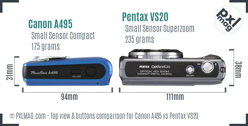 Canon A495 vs Pentax VS20 top view buttons comparison