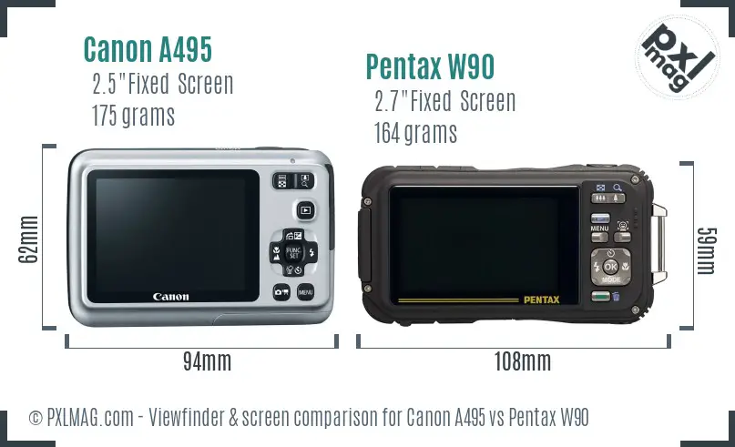 Canon A495 vs Pentax W90 Screen and Viewfinder comparison