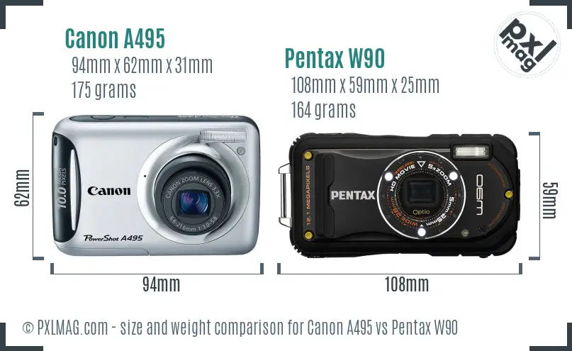 Canon A495 vs Pentax W90 size comparison