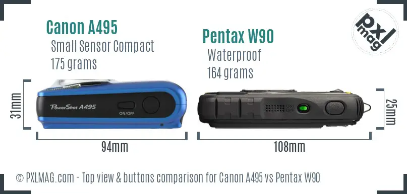 Canon A495 vs Pentax W90 top view buttons comparison