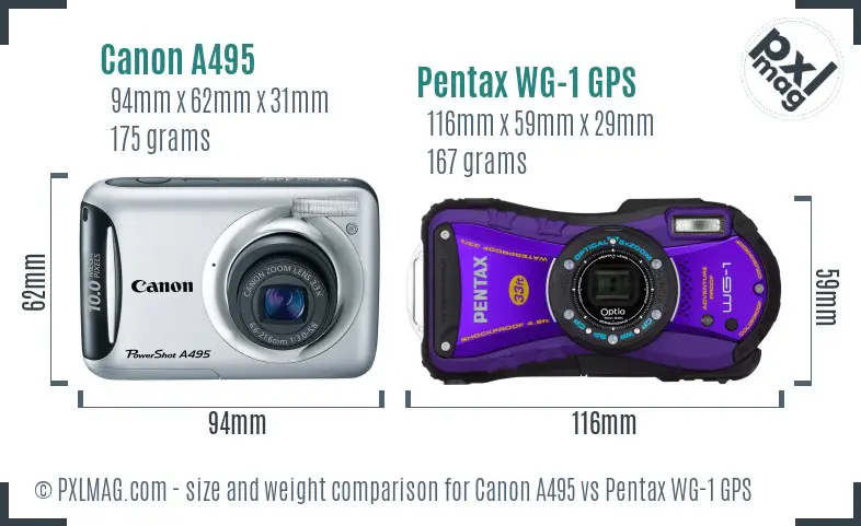 Canon A495 vs Pentax WG-1 GPS size comparison