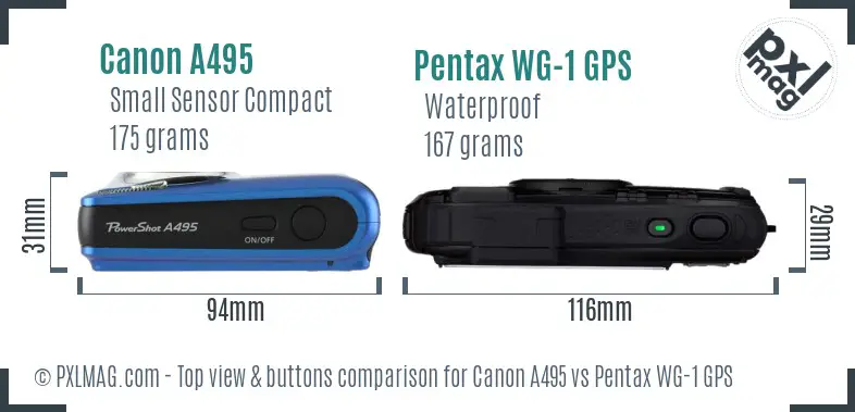 Canon A495 vs Pentax WG-1 GPS top view buttons comparison