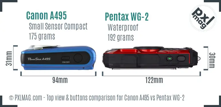 Canon A495 vs Pentax WG-2 top view buttons comparison