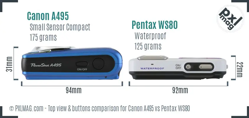 Canon A495 vs Pentax WS80 top view buttons comparison