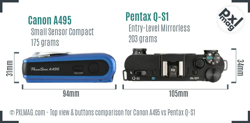 Canon A495 vs Pentax Q-S1 top view buttons comparison