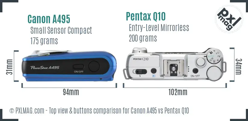 Canon A495 vs Pentax Q10 top view buttons comparison