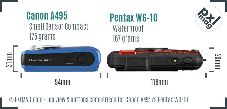 Canon A495 vs Pentax WG-10 top view buttons comparison