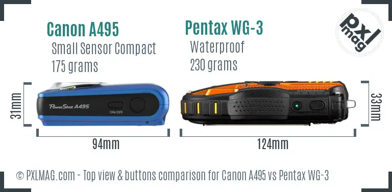 Canon A495 vs Pentax WG-3 top view buttons comparison