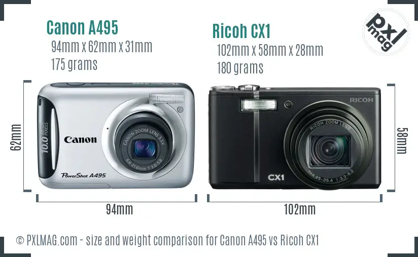 Canon A495 vs Ricoh CX1 size comparison