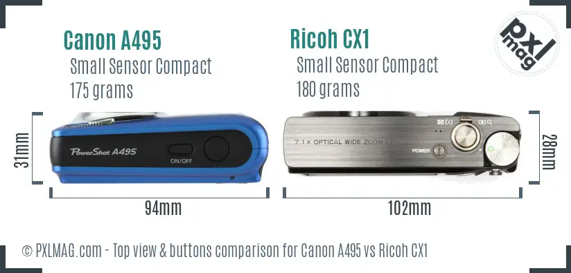 Canon A495 vs Ricoh CX1 top view buttons comparison