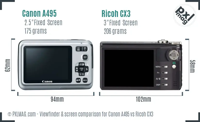 Canon A495 vs Ricoh CX3 Screen and Viewfinder comparison
