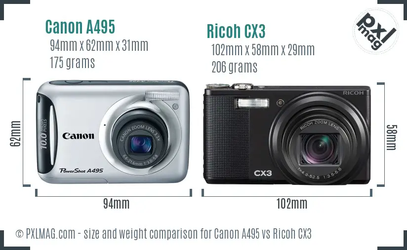 Canon A495 vs Ricoh CX3 size comparison