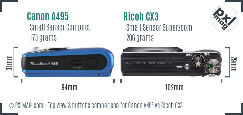 Canon A495 vs Ricoh CX3 top view buttons comparison
