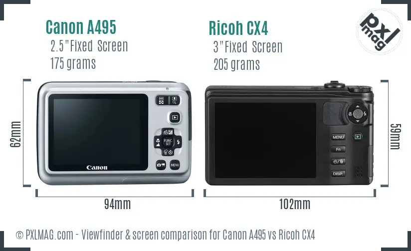 Canon A495 vs Ricoh CX4 Screen and Viewfinder comparison
