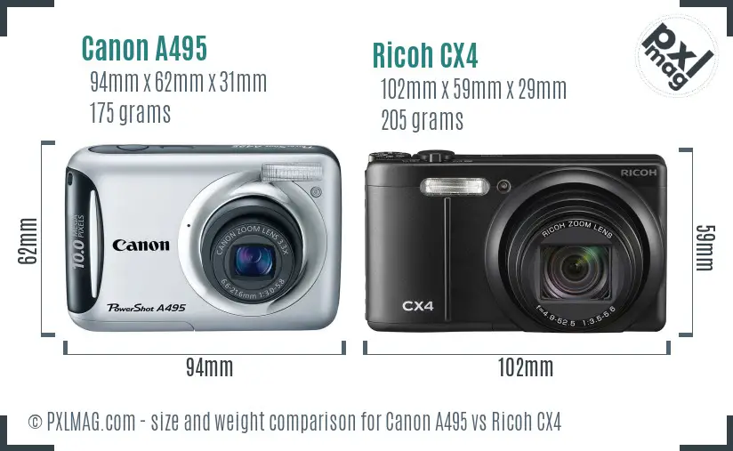 Canon A495 vs Ricoh CX4 size comparison
