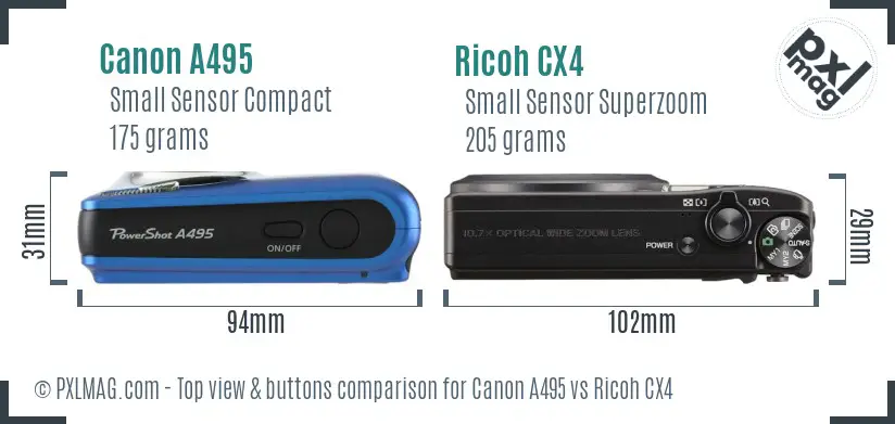Canon A495 vs Ricoh CX4 top view buttons comparison