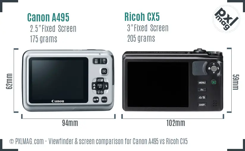 Canon A495 vs Ricoh CX5 Screen and Viewfinder comparison Canon A495 vs Ricoh CX5 Screen and Viewfinder comparison