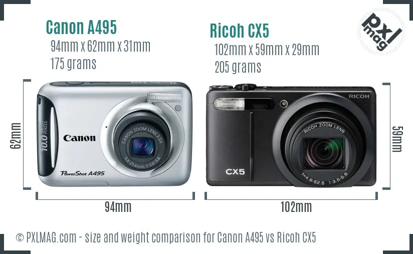 Canon A495 vs Ricoh CX5 size comparison Canon A495 vs Ricoh CX5 size comparison
