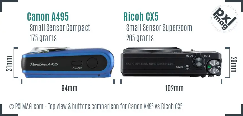 Canon A495 vs Ricoh CX5 top view buttons comparison Canon A495 vs Ricoh CX5 top view buttons comparison