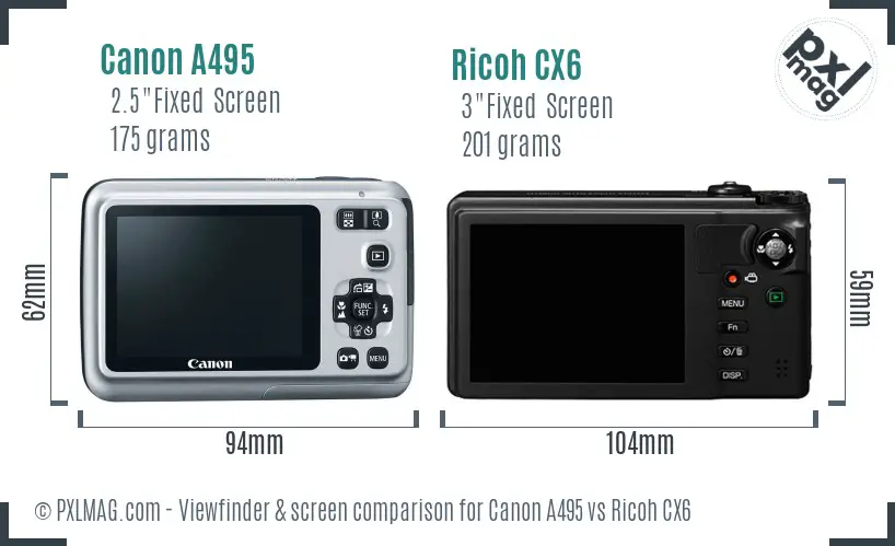 Canon A495 vs Ricoh CX6 Screen and Viewfinder comparison