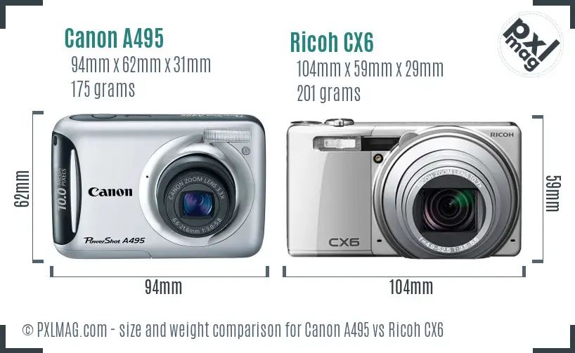 Canon A495 vs Ricoh CX6 size comparison