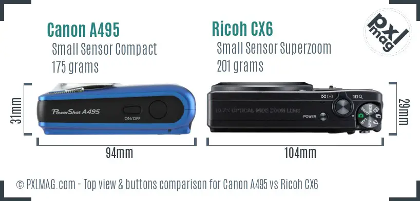 Canon A495 vs Ricoh CX6 top view buttons comparison
