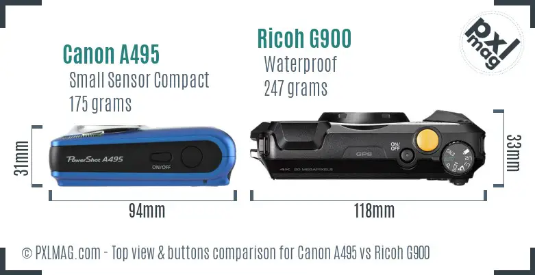Canon A495 vs Ricoh G900 top view buttons comparison