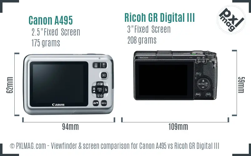Canon A495 vs Ricoh GR Digital III Screen and Viewfinder comparison
