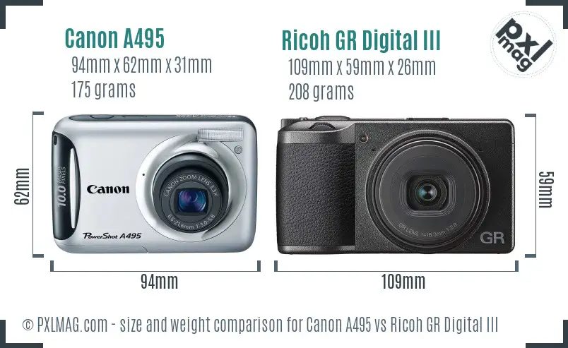 Canon A495 vs Ricoh GR Digital III size comparison