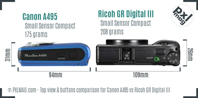 Canon A495 vs Ricoh GR Digital III top view buttons comparison