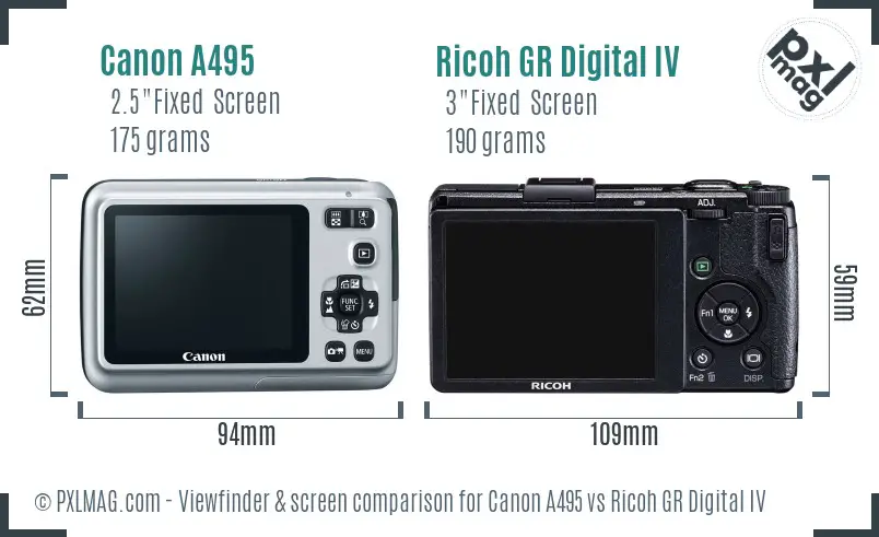 Canon A495 vs Ricoh GR Digital IV Screen and Viewfinder comparison