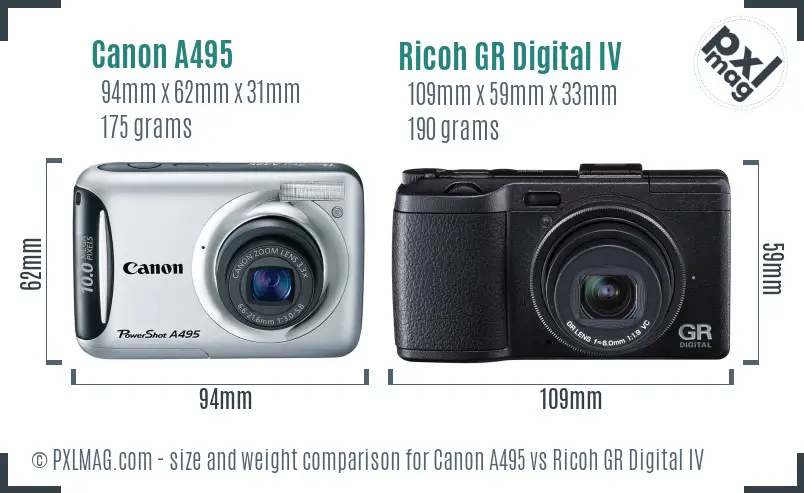 Canon A495 vs Ricoh GR Digital IV size comparison