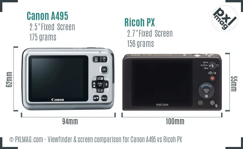 Canon A495 vs Ricoh PX Screen and Viewfinder comparison