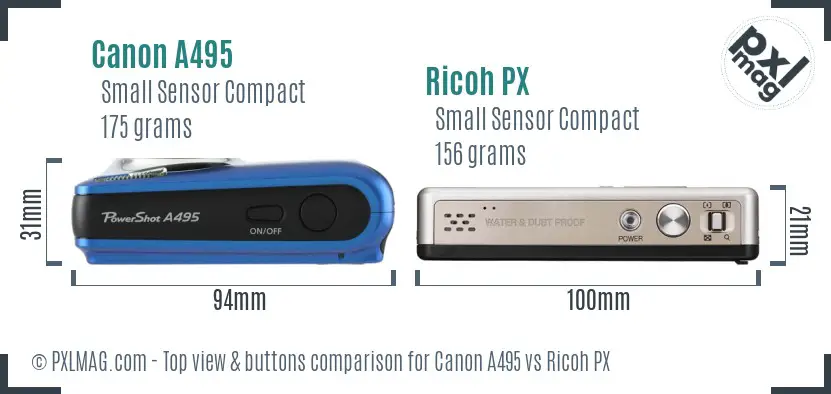 Canon A495 vs Ricoh PX top view buttons comparison