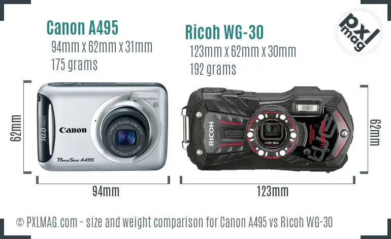 Canon A495 vs Ricoh WG-30 size comparison
